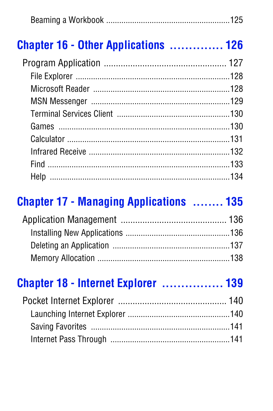 Chapter 16 - other applications, Chapter 17 - managing applications, Chapter 18 - internet explorer | Samsung SPH i700 User Manual | Page 10 / 186