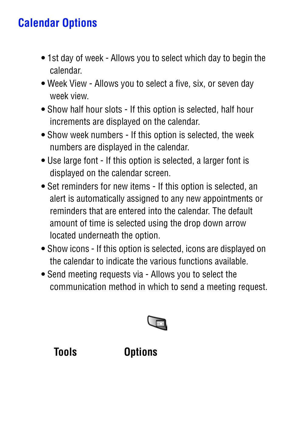 Calendar options, Tools, Options | Samsung SPH i700 User Manual | Page 103 / 186