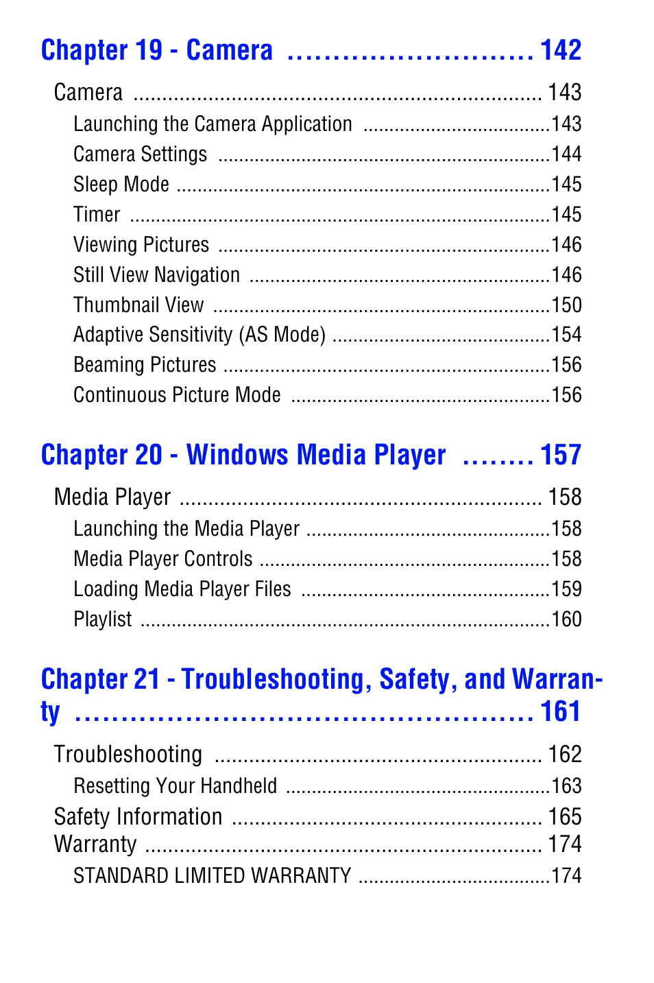 Chapter 19 - camera, Chapter 20 - windows media player | Samsung SPH i700 User Manual | Page 11 / 186