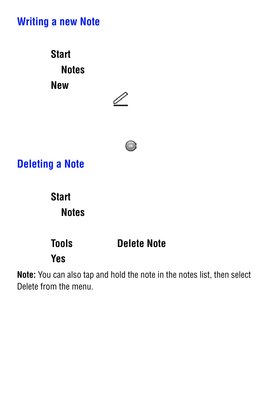 Writing a new note, Deleting a note | Samsung SPH i700 User Manual | Page 112 / 186