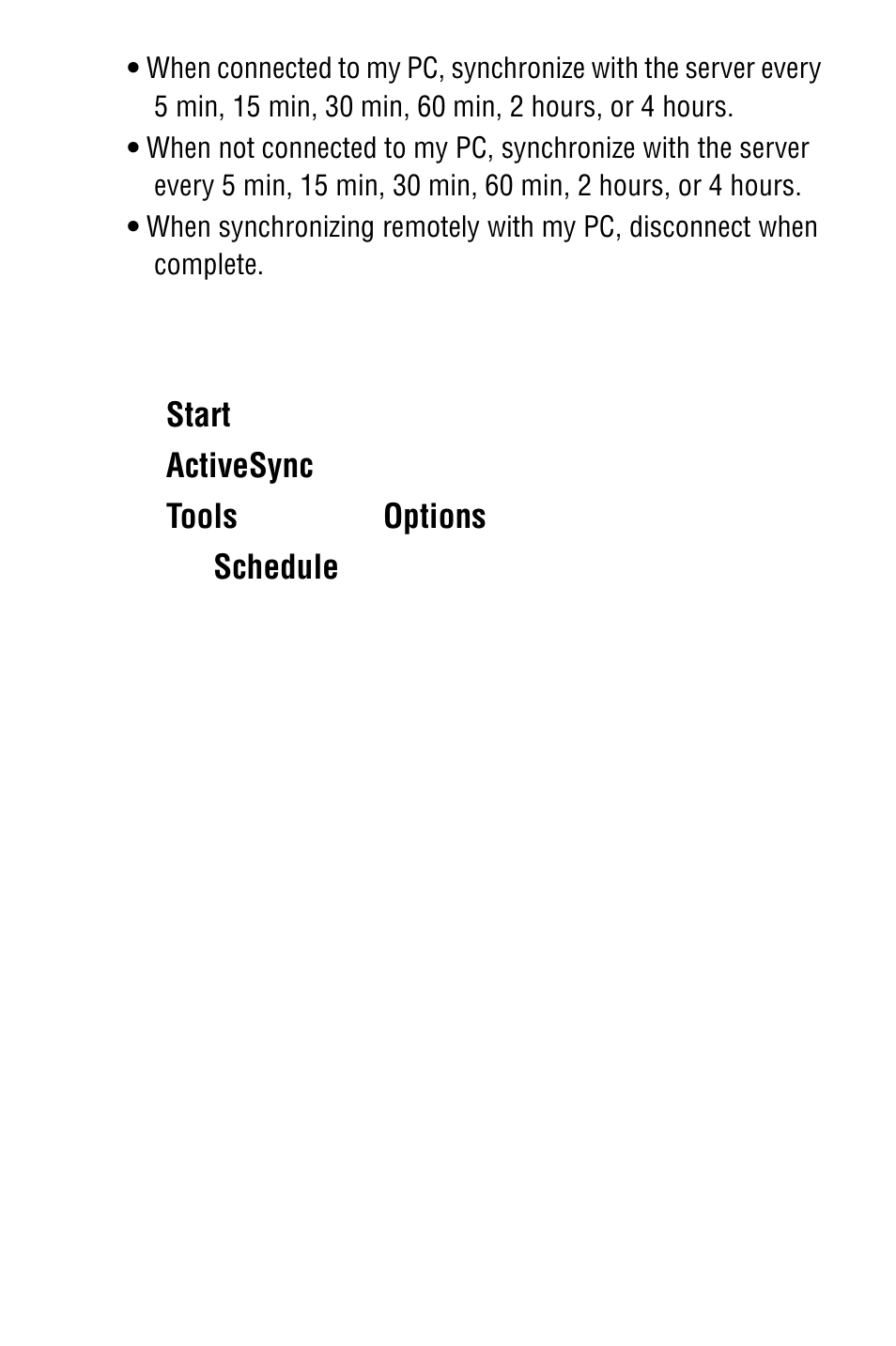 Start, Activesync, Tools | Options, Schedule | Samsung SPH i700 User Manual | Page 118 / 186
