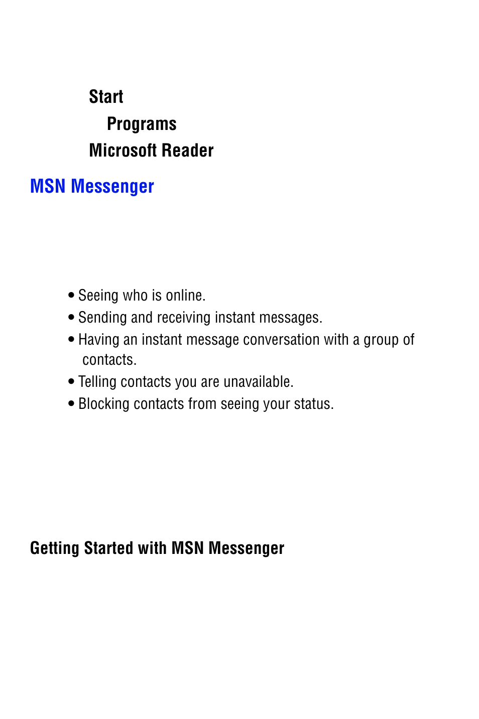 Msn messenger, Start, Programs | Microsoft reader | Samsung SPH i700 User Manual | Page 129 / 186