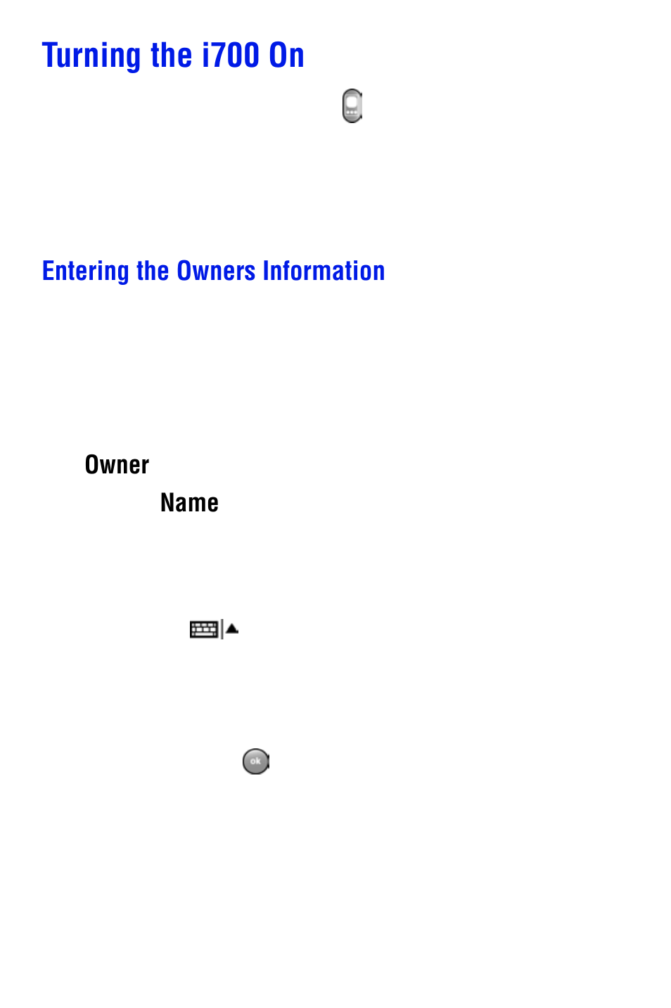 Turning the i700 on, Entering the owners information | Samsung SPH i700 User Manual | Page 13 / 186