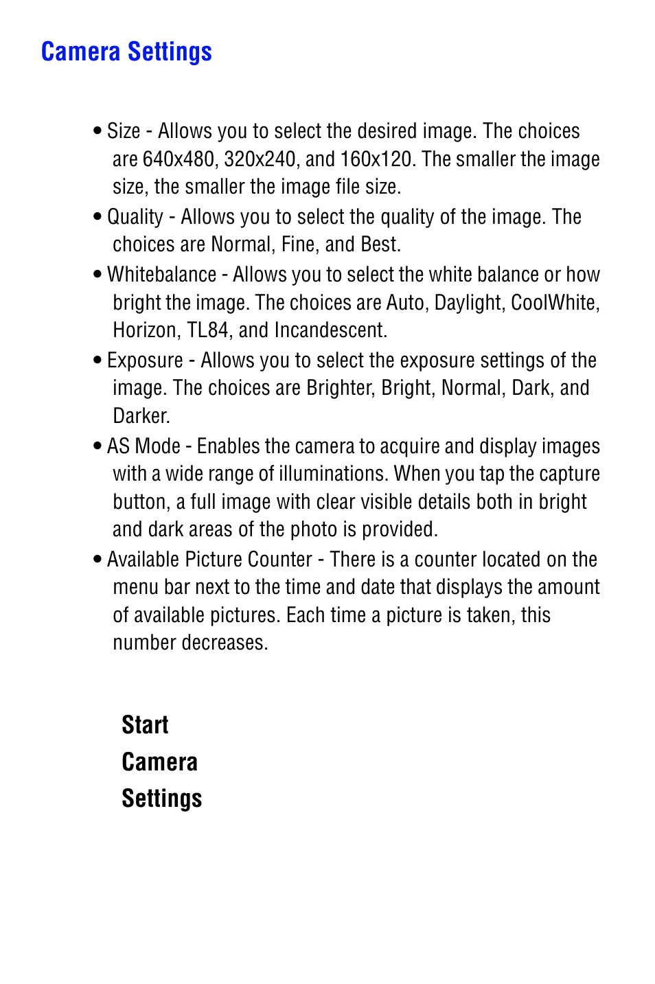 Camera settings, Start, Camera | Settings | Samsung SPH i700 User Manual | Page 144 / 186