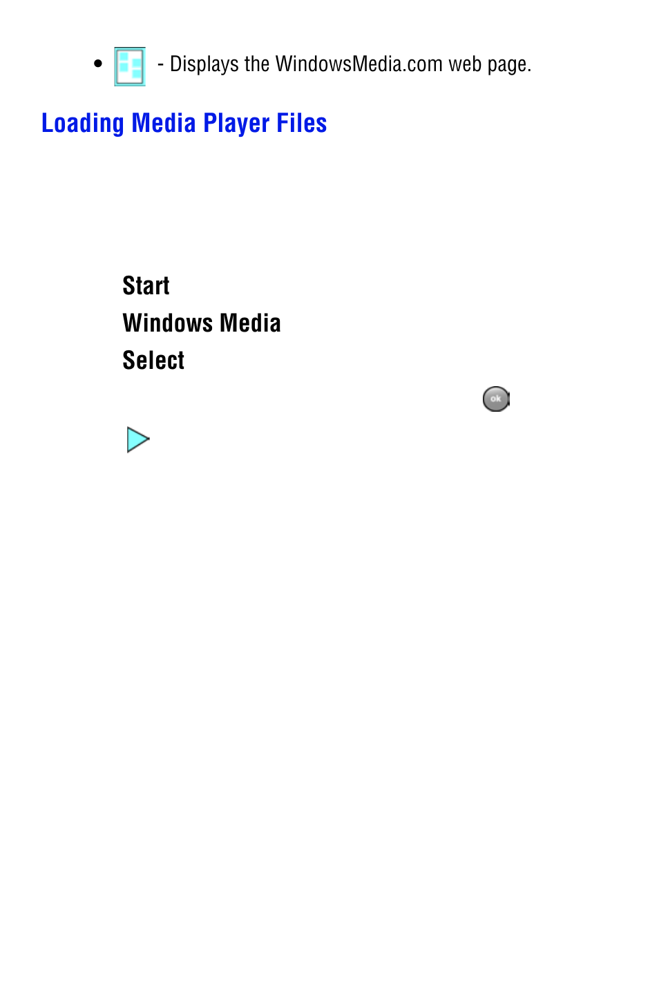 Loading media player files, Start, Windows media | Select | Samsung SPH i700 User Manual | Page 159 / 186