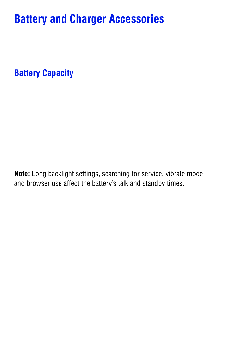 Battery and charger accessories, Battery capacity | Samsung SPH i700 User Manual | Page 20 / 186