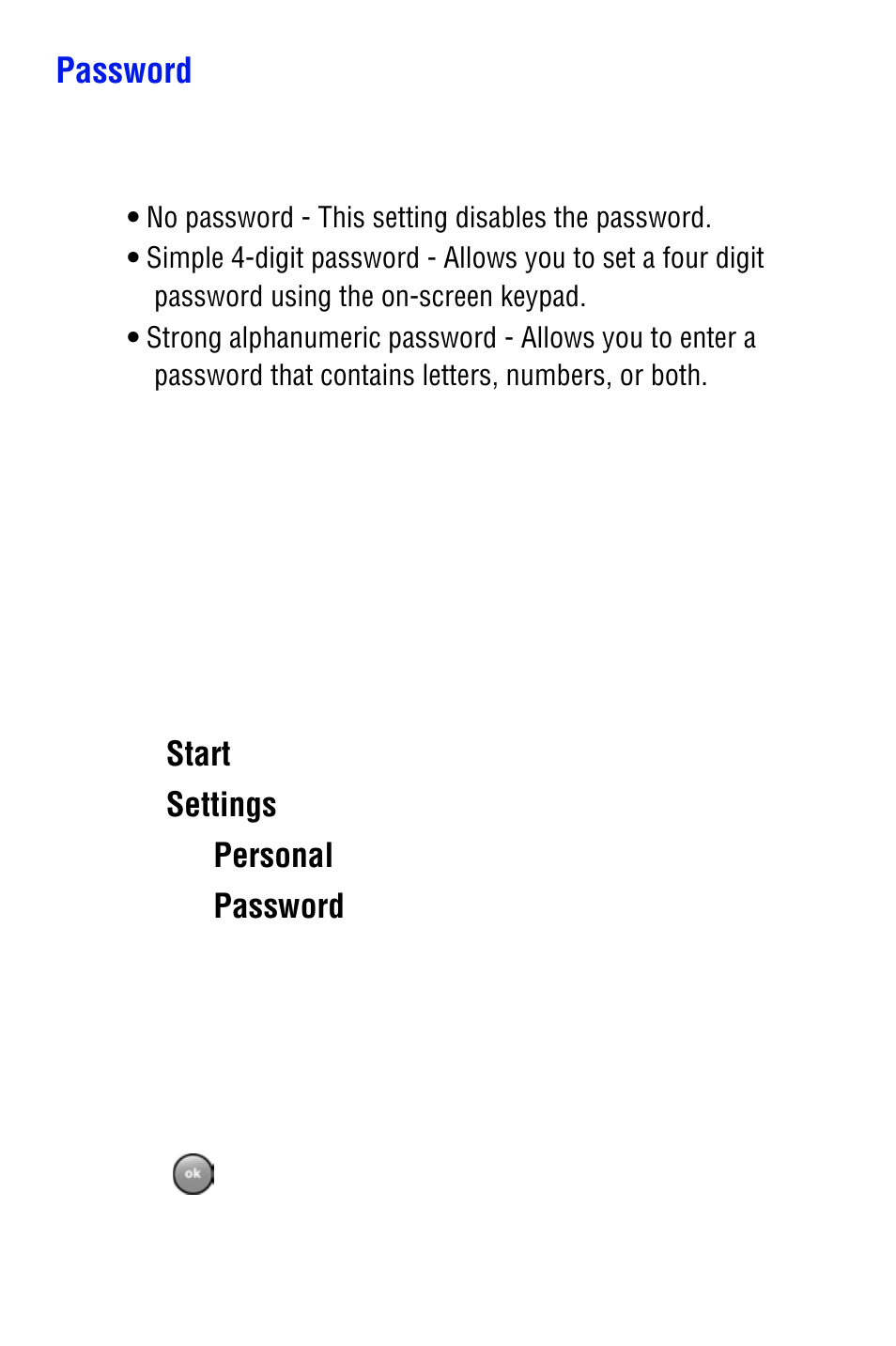 Password, Start, Settings | Personal | Samsung SPH i700 User Manual | Page 36 / 186
