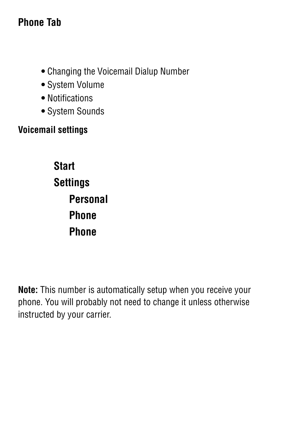 Voicemail settings, Start, Settings | Personal, Phone | Samsung SPH i700 User Manual | Page 38 / 186