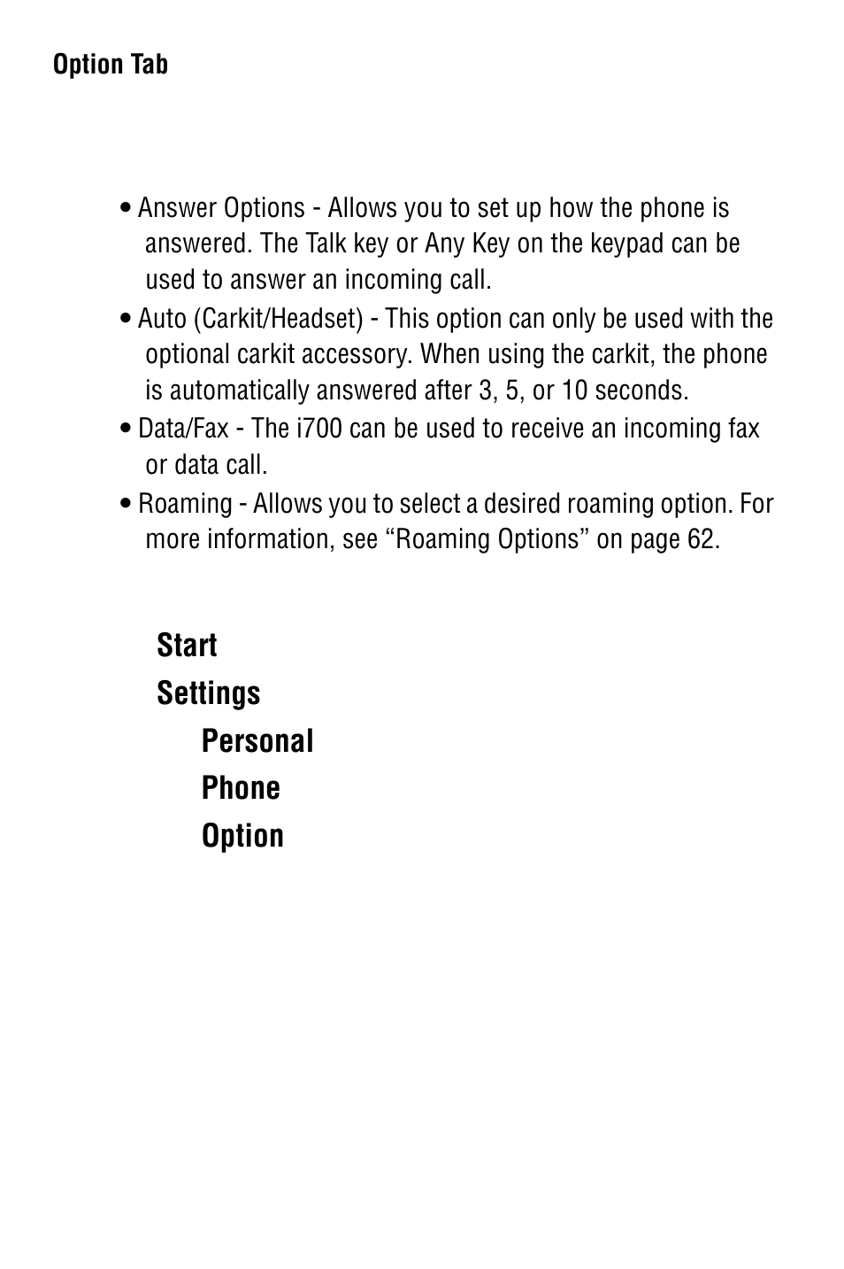 Option tab, Start, Settings | Personal, Phone, Option | Samsung SPH i700 User Manual | Page 39 / 186