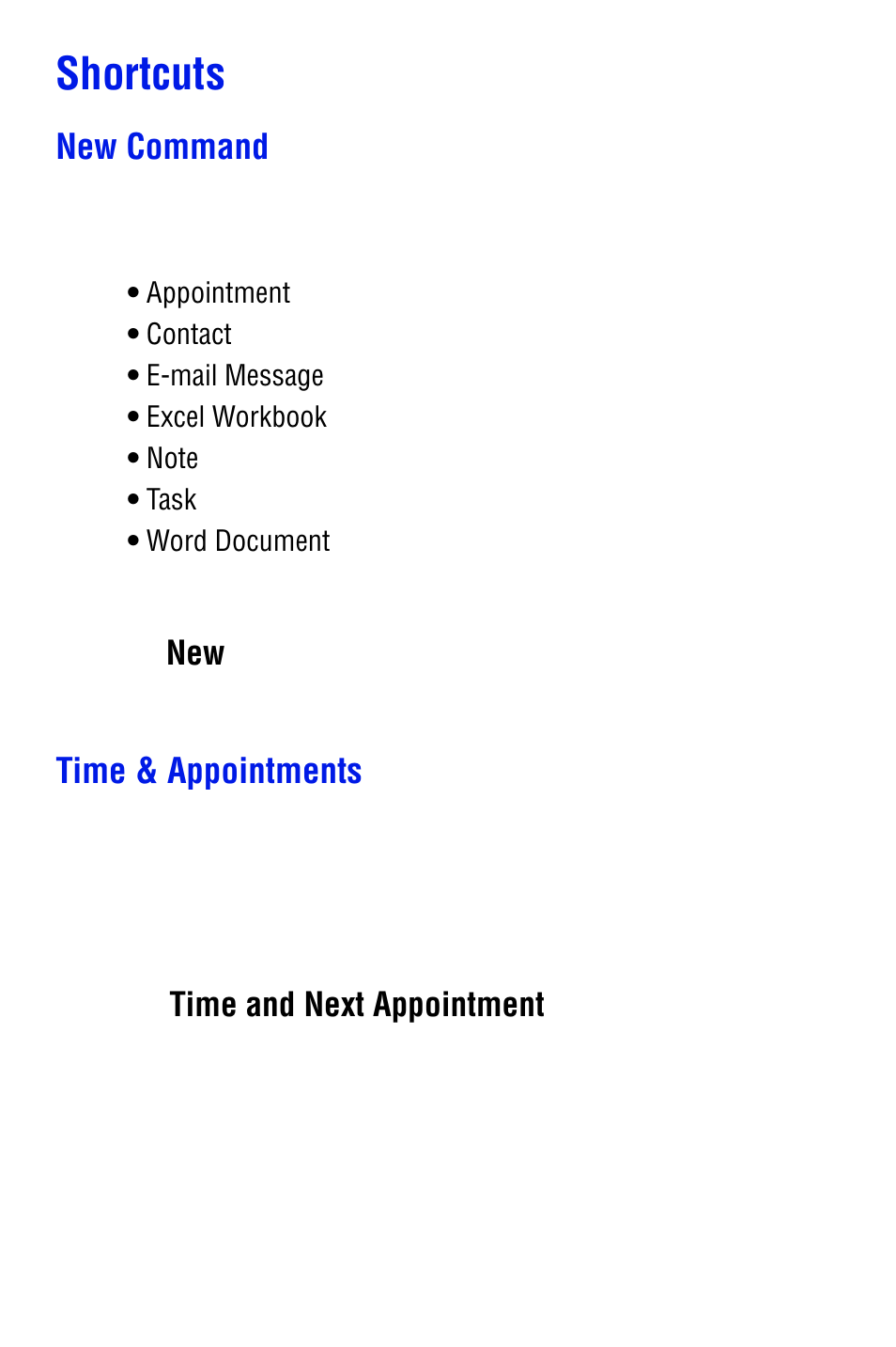 Shortcuts, New command, Time & appointments | Samsung SPH i700 User Manual | Page 46 / 186