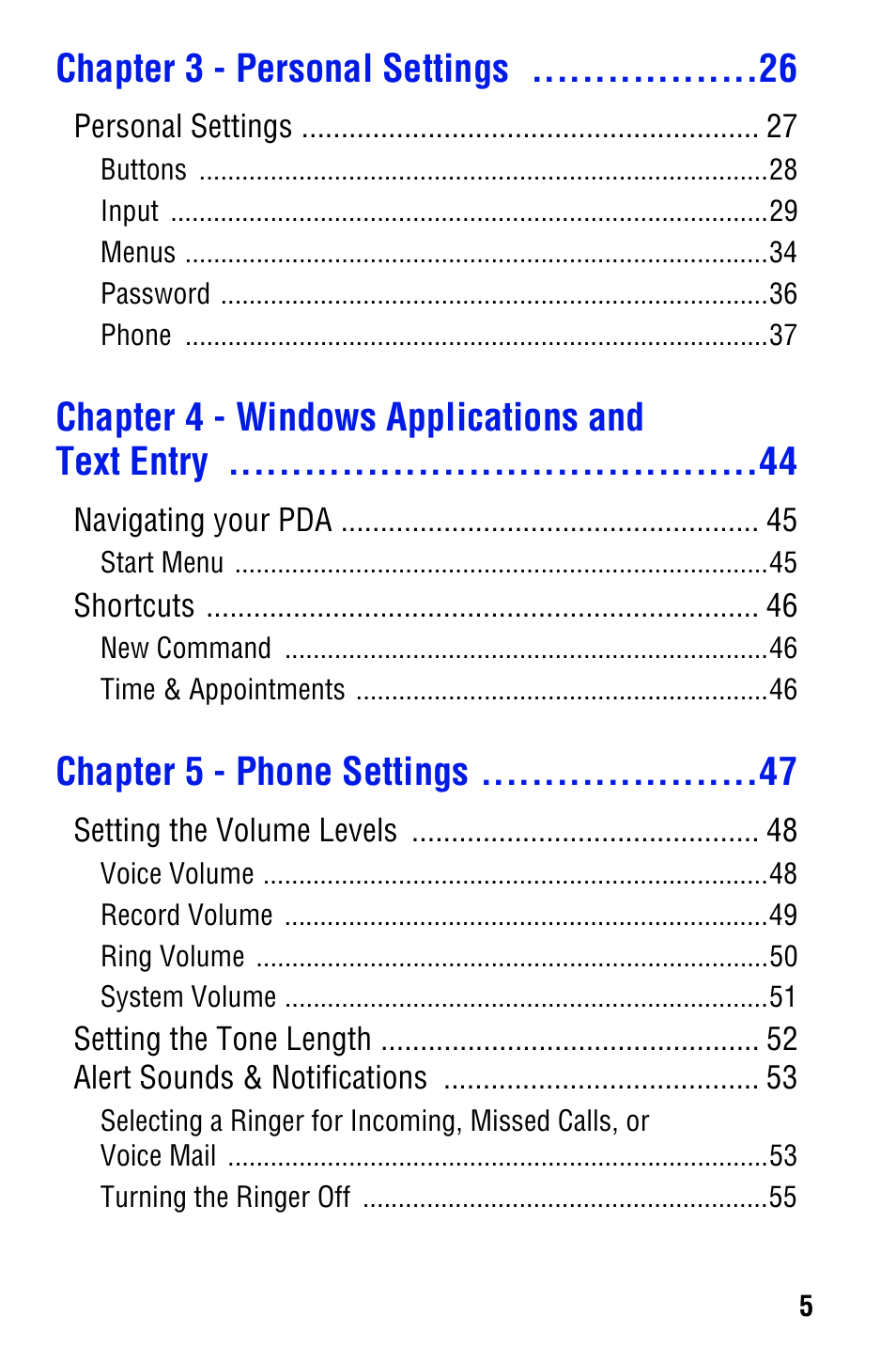 Chapter 3 - personal settings, Chapter 4 - windows applications and text entry, Chapter 5 - phone settings | Samsung SPH i700 User Manual | Page 5 / 186