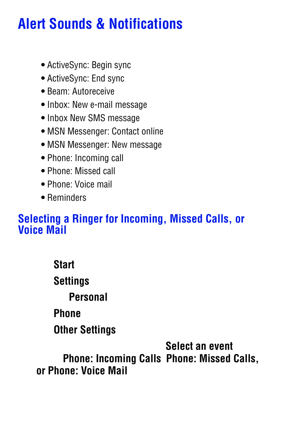 Alert sounds & notifications, Selecting a ringer for incoming, missed calls, or, Voice mail | Samsung SPH i700 User Manual | Page 53 / 186