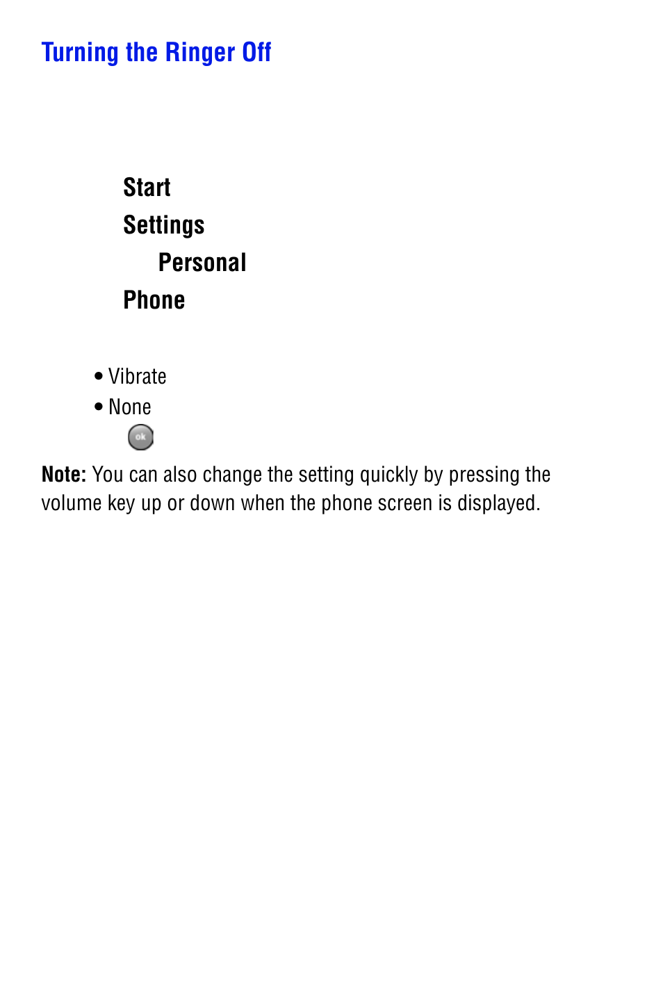 Turning the ringer off, Start, Settings | Personal, Phone | Samsung SPH i700 User Manual | Page 55 / 186