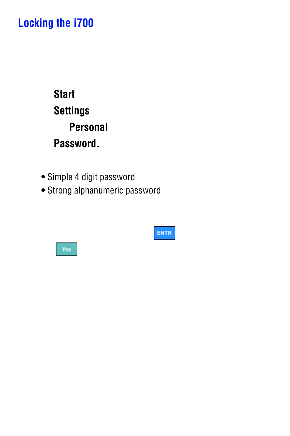 Locking the i700, Start, Settings | Personal, Password | Samsung SPH i700 User Manual | Page 58 / 186