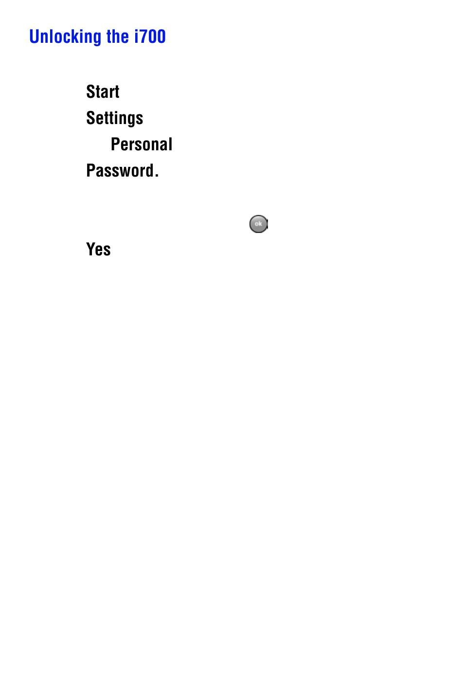 Unlocking the i700, Start, Settings | Personal, Password | Samsung SPH i700 User Manual | Page 59 / 186