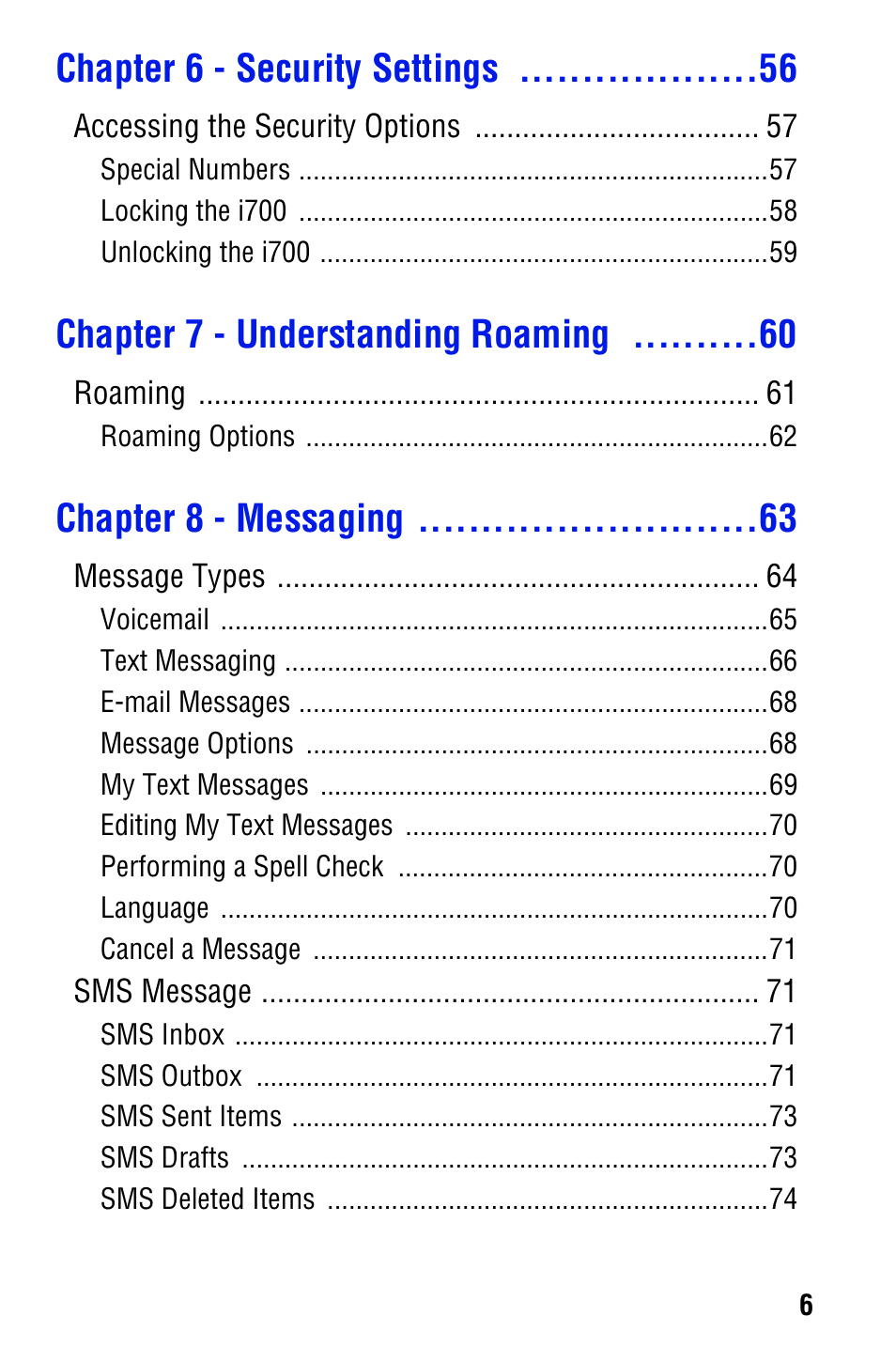 Chapter 6 - security settings, Chapter 7 - understanding roaming, Chapter 8 - messaging | Samsung SPH i700 User Manual | Page 6 / 186