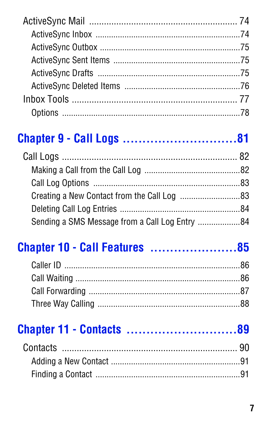 Chapter 9 - call logs, Chapter 10 - call features, Chapter 11 - contacts | Samsung SPH i700 User Manual | Page 7 / 186