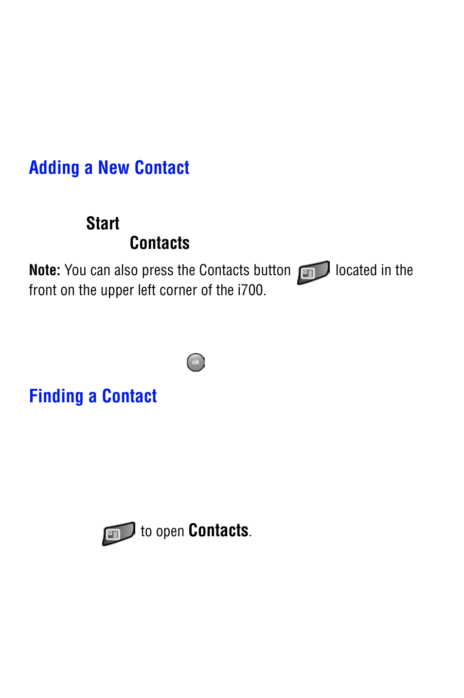 Adding a new contact, Finding a contact, Start | Contacts | Samsung SPH i700 User Manual | Page 91 / 186