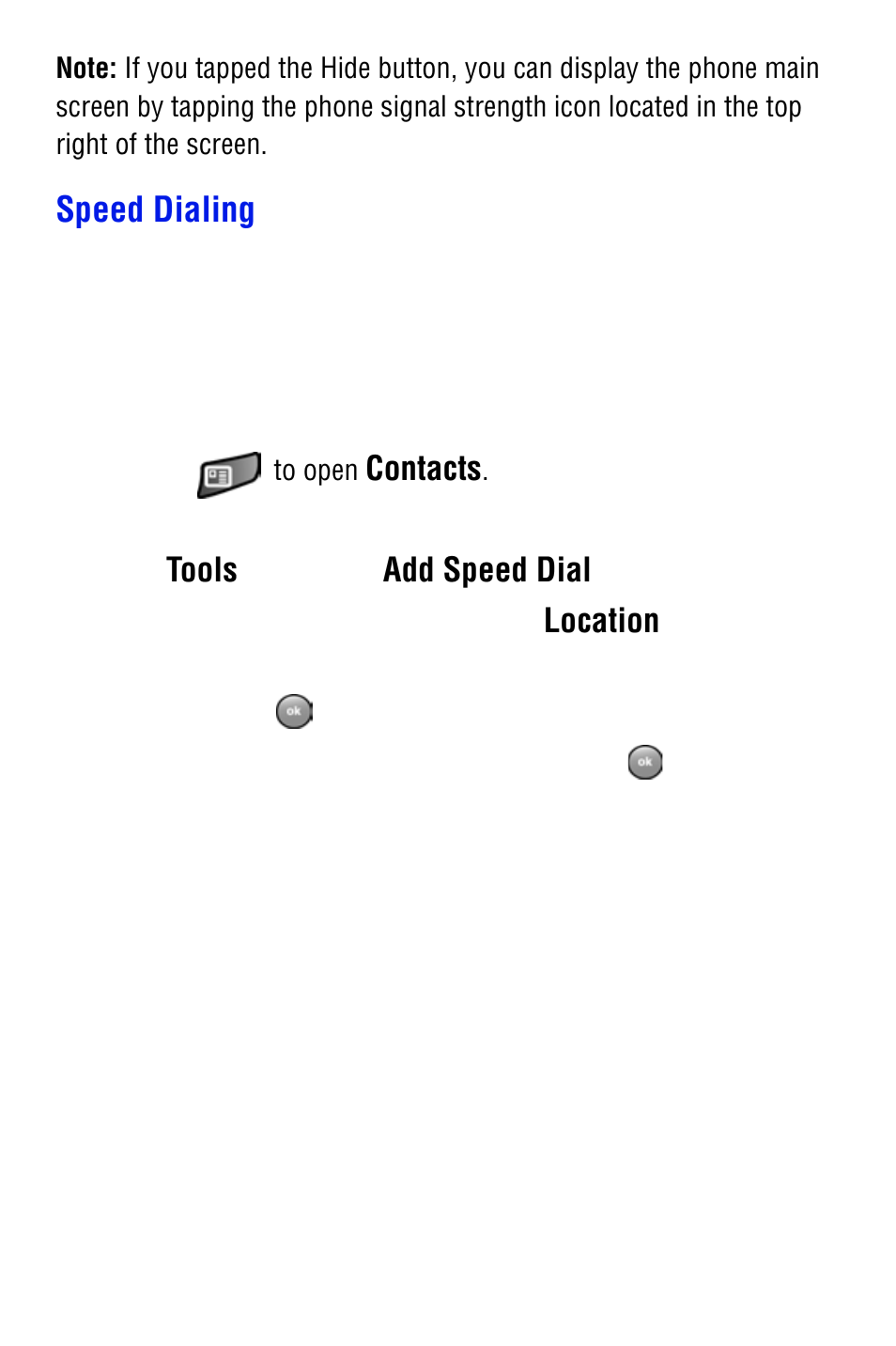 Speed dialing, Contacts, Tools | Add speed dial, Location | Samsung SPH i700 User Manual | Page 94 / 186