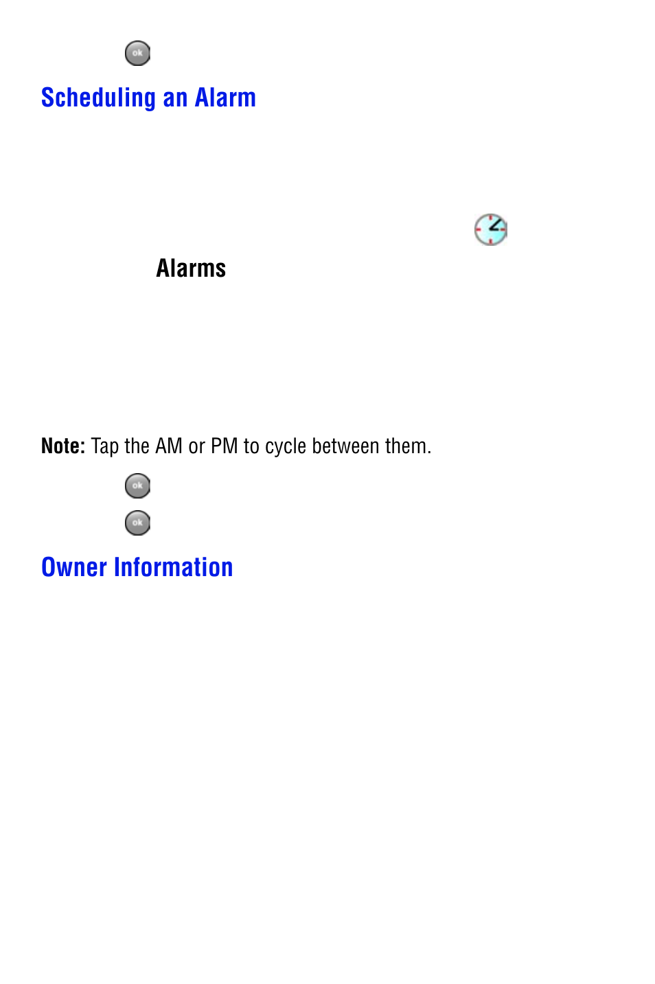 Scheduling an alarm, Owner information, Alarms | Samsung SPH i700 User Manual | Page 98 / 186