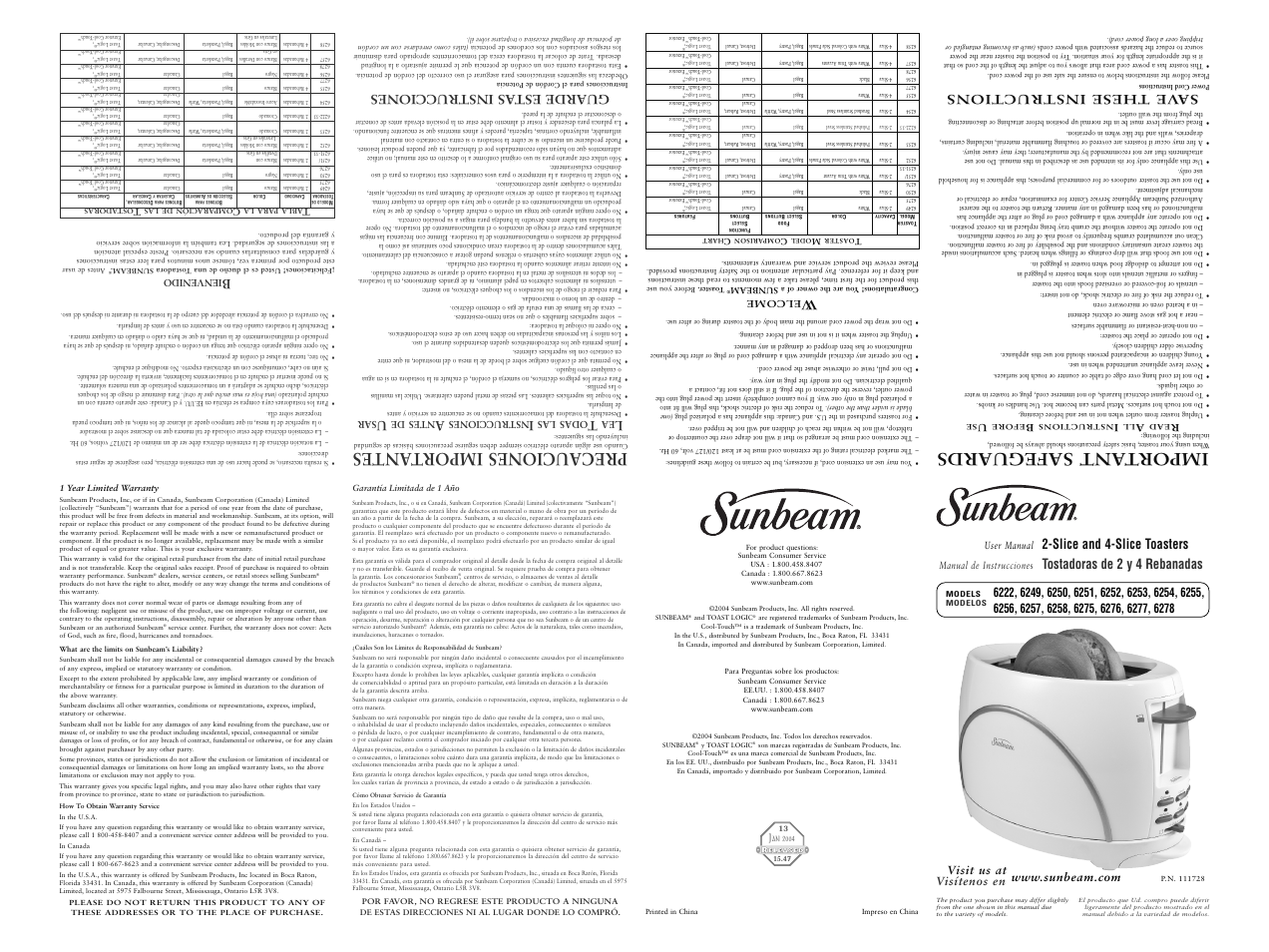 Sunbeam 6222 User Manual | 2 pages