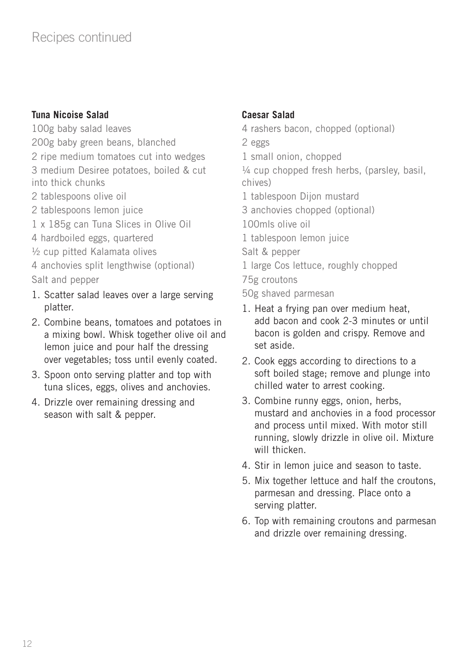 Heading, Recipes continued | Sunbeam EC1300 User Manual | Page 12 / 16