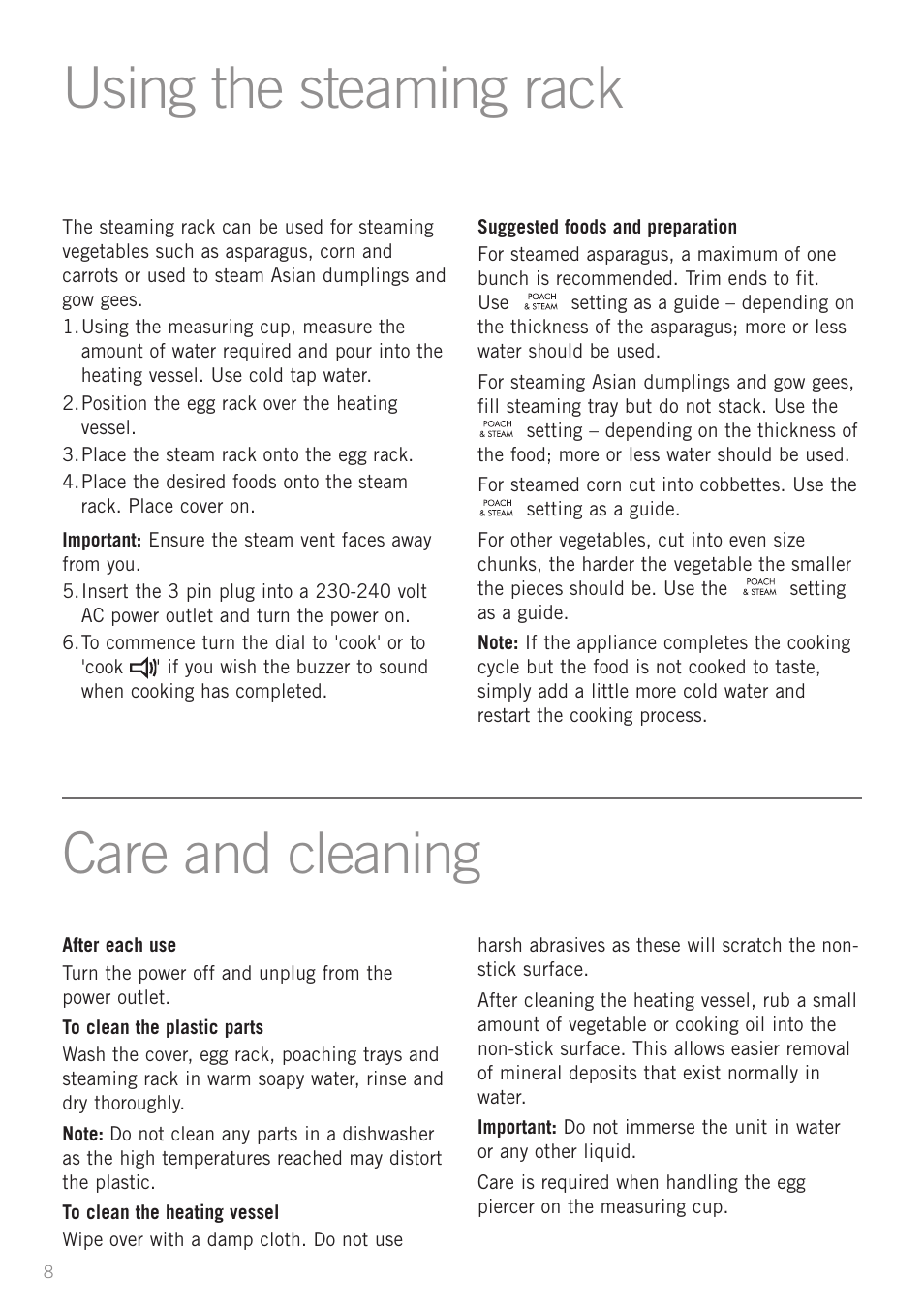 Using the steaming rack, Care and cleaning | Sunbeam EC1300 User Manual | Page 8 / 16
