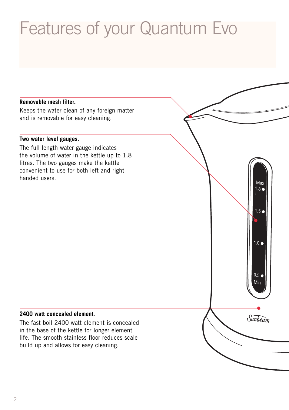 Features of your quantum evo | Sunbeam KE4500 User Manual | Page 4 / 9