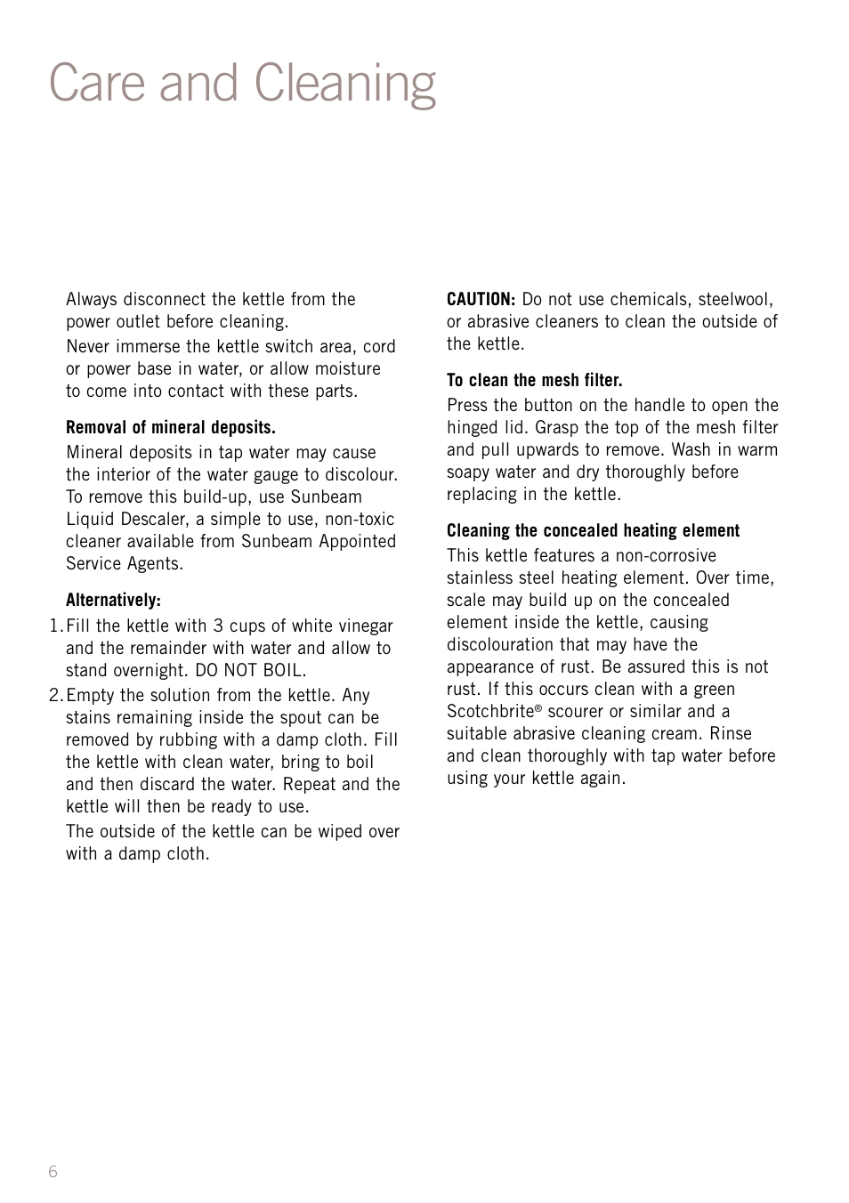 Care and cleaning | Sunbeam KE4500 User Manual | Page 8 / 9