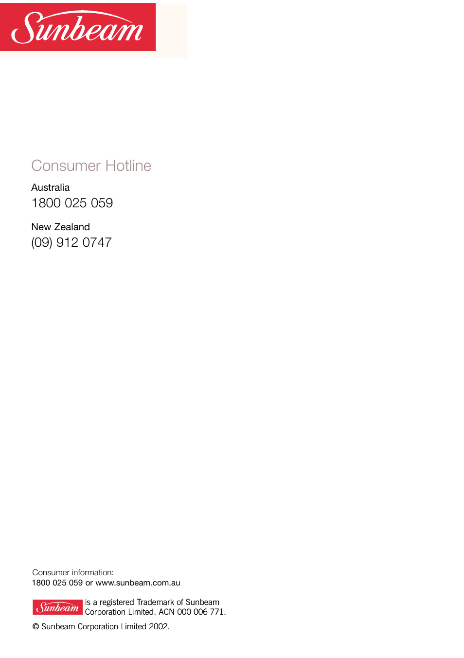 Consumer hotline | Sunbeam KE4500 User Manual | Page 9 / 9
