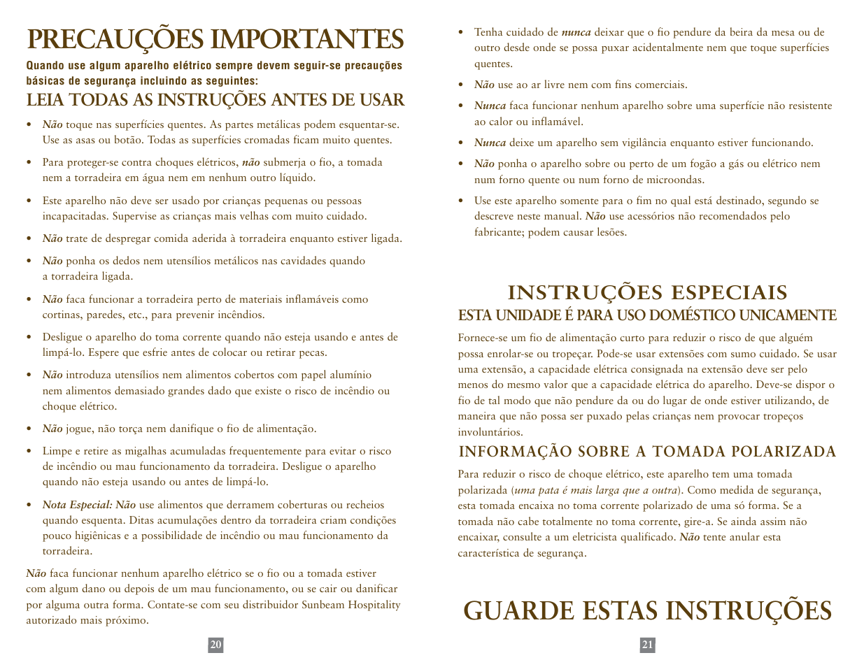 Precauções importantes, Guarde estas instruções, Instruções especiais | Leia todas as instruções antes de usar | Sunbeam 3823-099 User Manual | Page 11 / 13