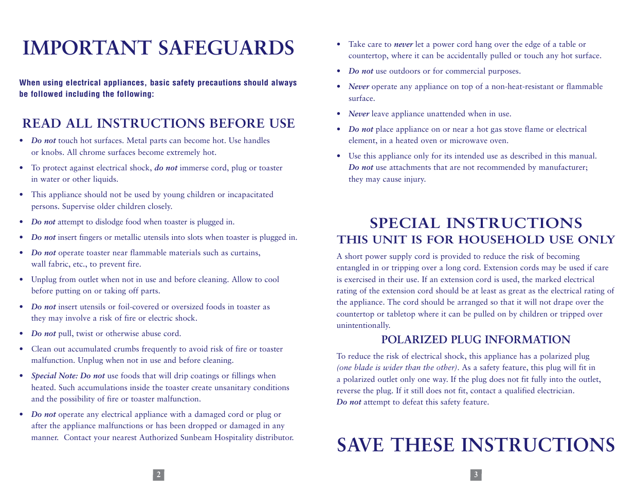 Important safeguards, Save these instructions, Special instructions | Read all instructions before use | Sunbeam 3823-099 User Manual | Page 2 / 13