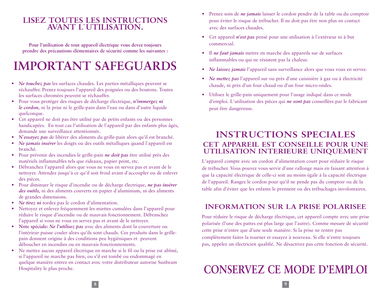 Important safeguards, Conservez ce mode d’emploi, Instructions speciales | Lisez toutes les instructions avant l`utilisation | Sunbeam 3823-099 User Manual | Page 5 / 13