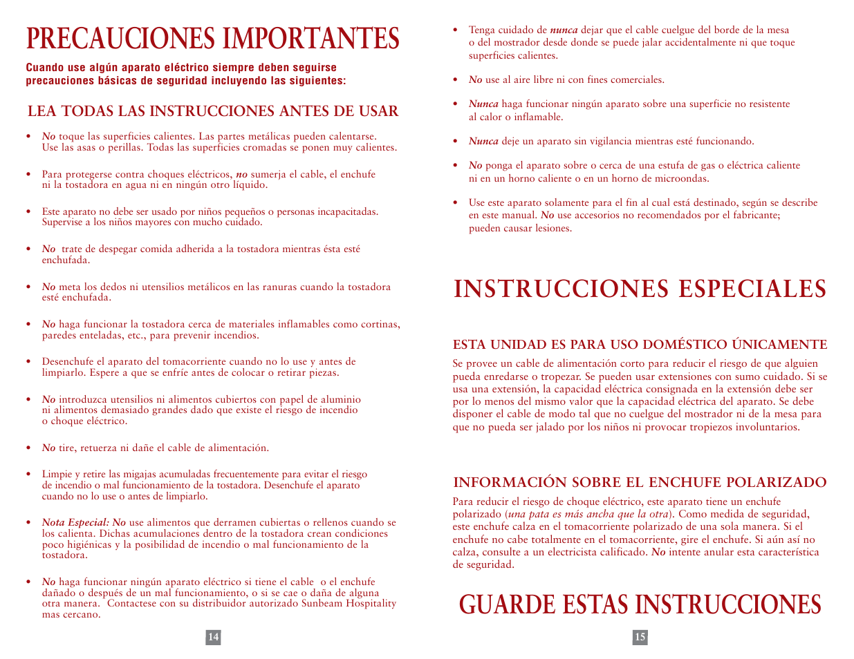 Precauciones importantes, Guarde estas instrucciones, Instrucciones especiales | Sunbeam 3823-099 User Manual | Page 8 / 13