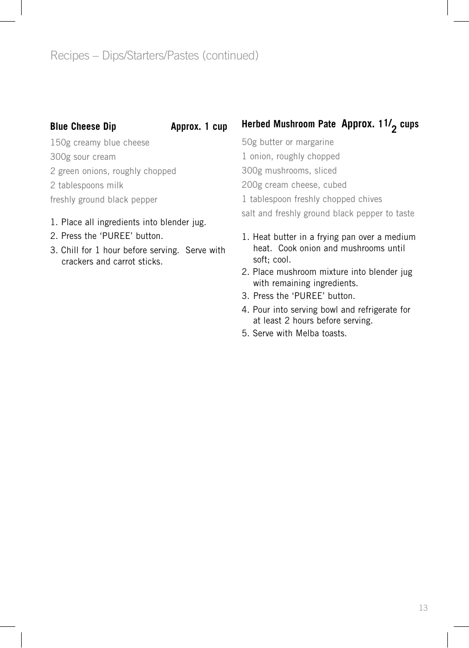 Recipes – dips/starters/pastes (continued) | Sunbeam PB7910 User Manual | Page 15 / 28
