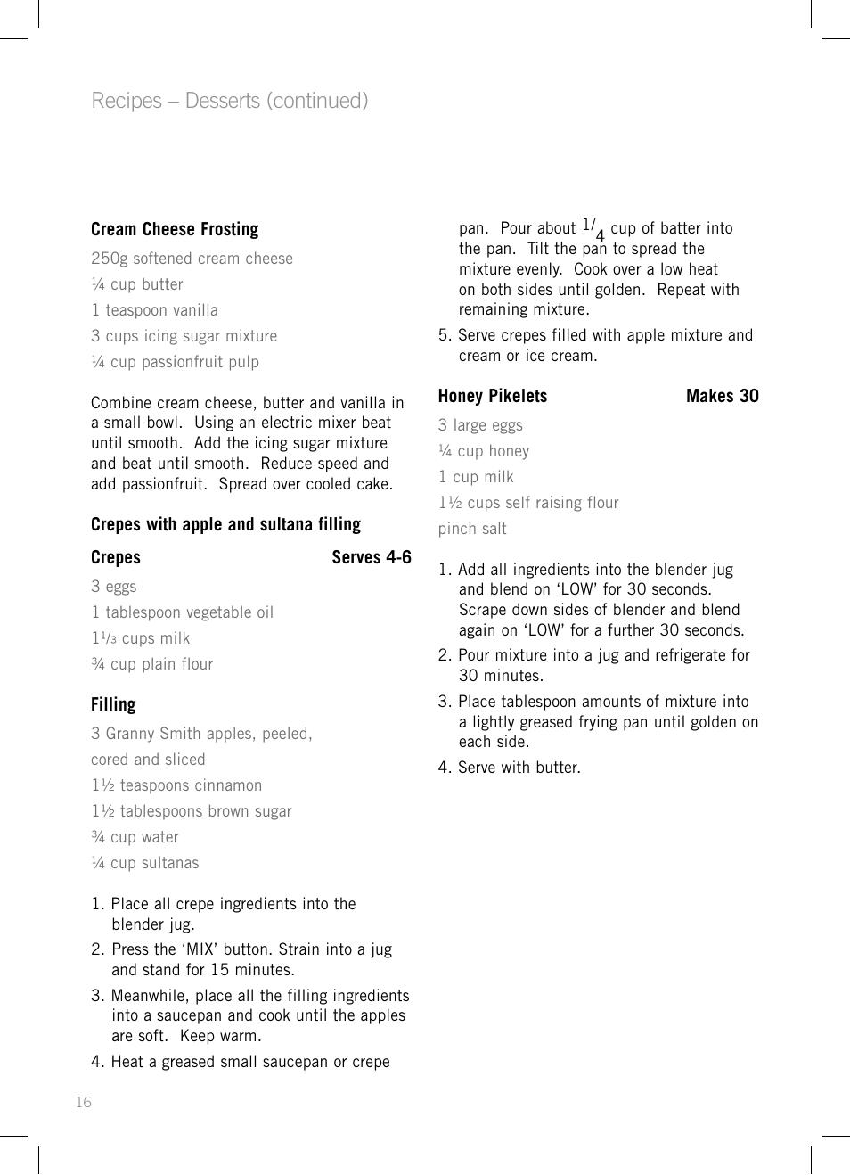 Recipes – desserts (continued) | Sunbeam PB7910 User Manual | Page 18 / 28