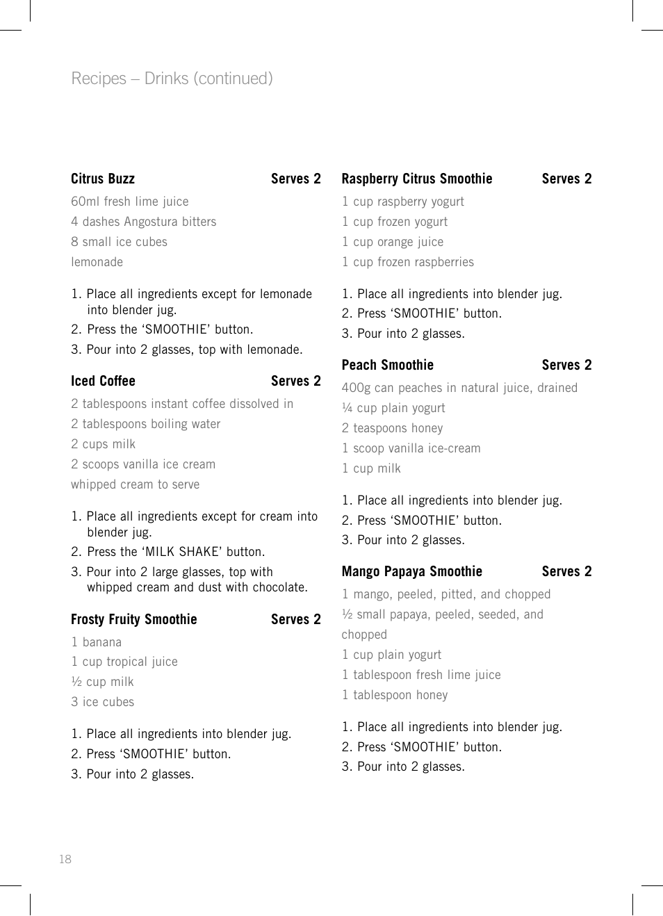 Recipes – drinks (continued) | Sunbeam PB7910 User Manual | Page 20 / 28