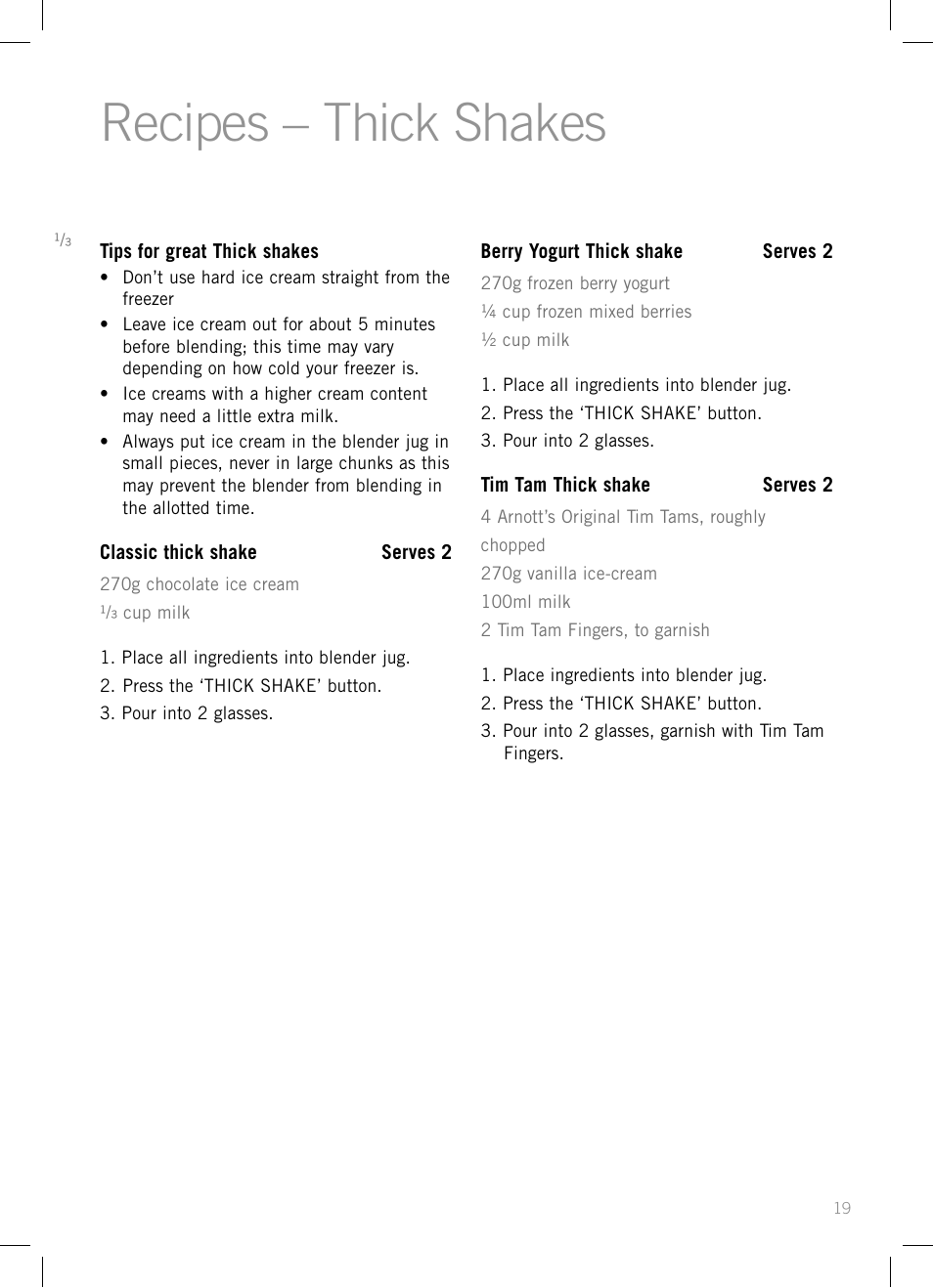 Recipes – thick shakes | Sunbeam PB7910 User Manual | Page 21 / 28