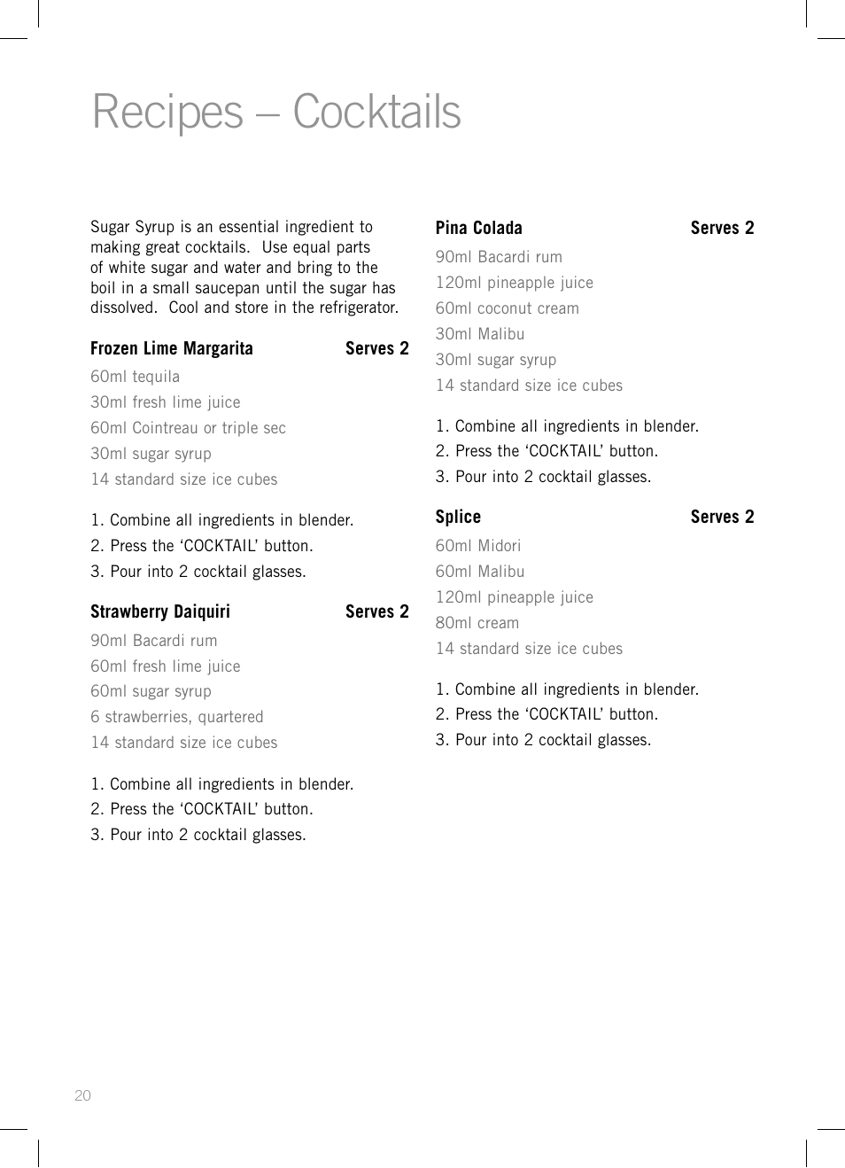 Recipes – cocktails | Sunbeam PB7910 User Manual | Page 22 / 28