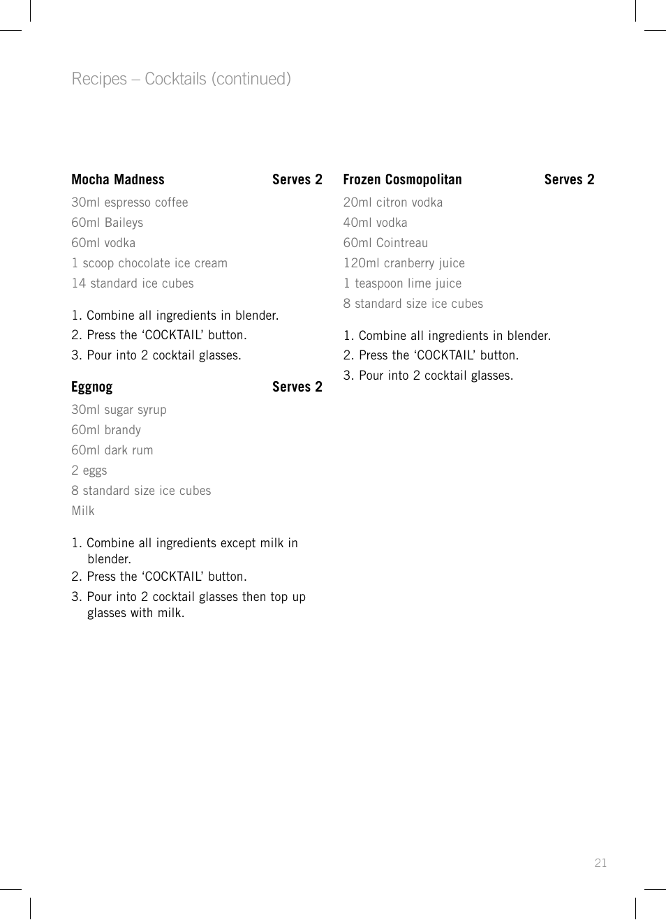 Recipes – cocktails (continued) | Sunbeam PB7910 User Manual | Page 23 / 28