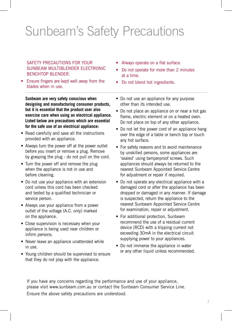 Sunbeam’s safety precautions | Sunbeam PB7910 User Manual | Page 3 / 28