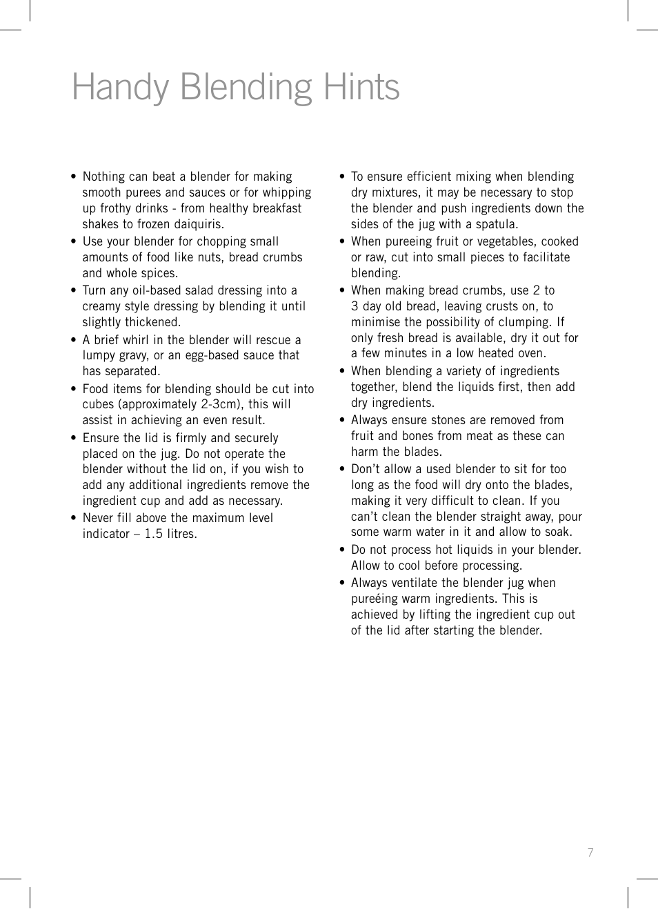 Handy blending hints | Sunbeam PB7910 User Manual | Page 9 / 28