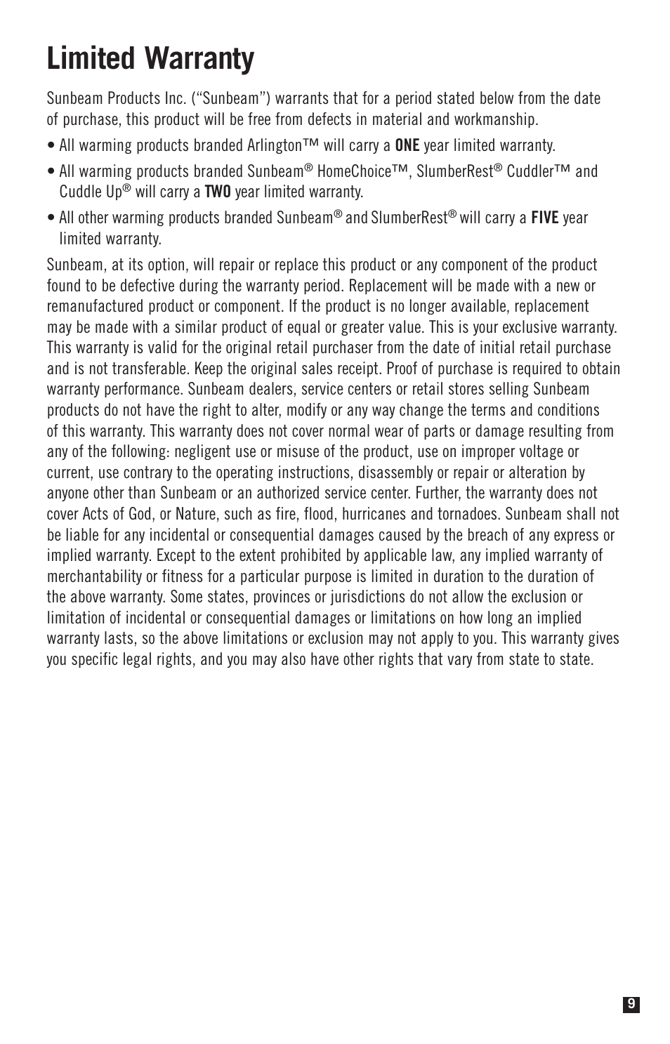 Limited warranty | Sunbeam Electric Heater User Manual | Page 11 / 12