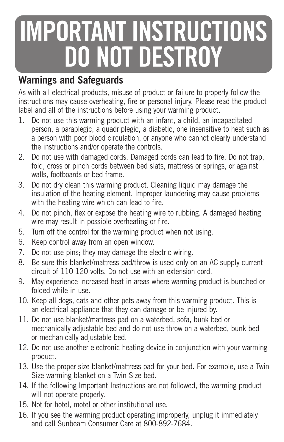 Important instructions do not destroy | Sunbeam Electric Heater User Manual | Page 2 / 12