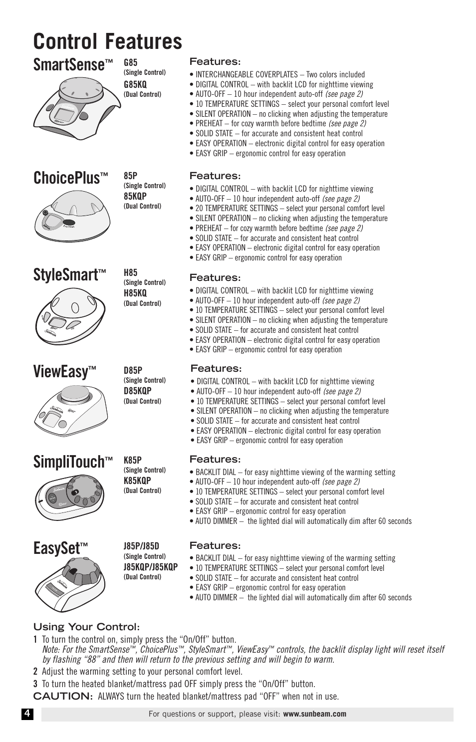 Control features, Smartsense, Choiceplus | Stylesmart, Vieweasy, Easyset, Simplitouch | Sunbeam Electric Heater User Manual | Page 6 / 12