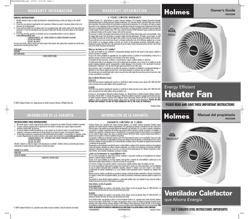 Sunbeam HEH2998 User Manual | 2 pages
