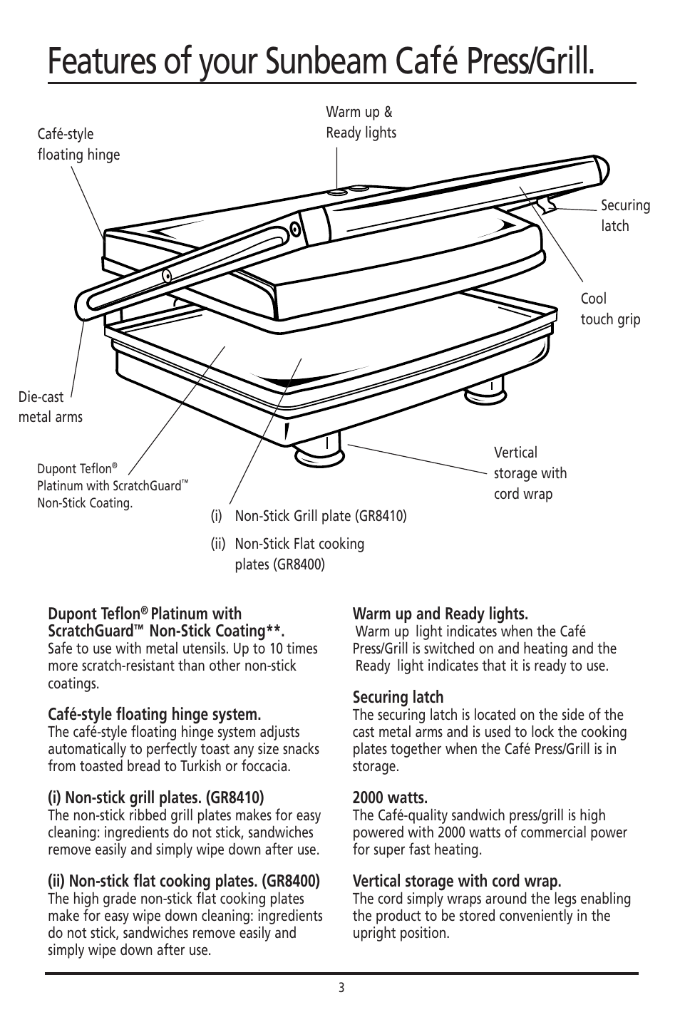 Features of your sunbeam café press/grill | Sunbeam GR8400 User Manual | Page 3 / 11