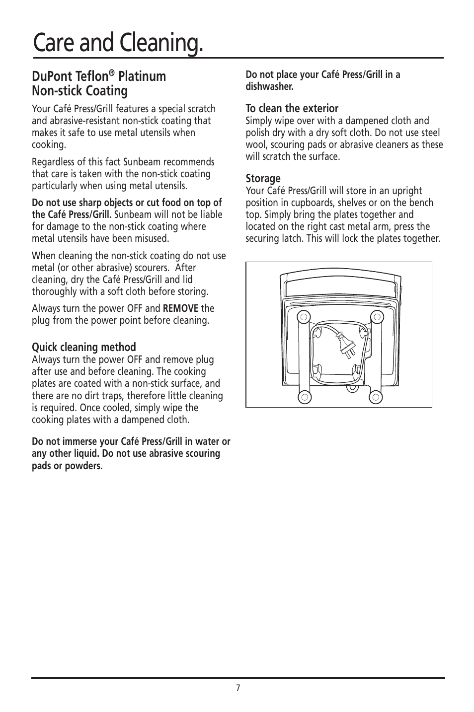 Care and cleaning, Dupont teflon, Platinum non-stick coating | Sunbeam GR8400 User Manual | Page 7 / 11