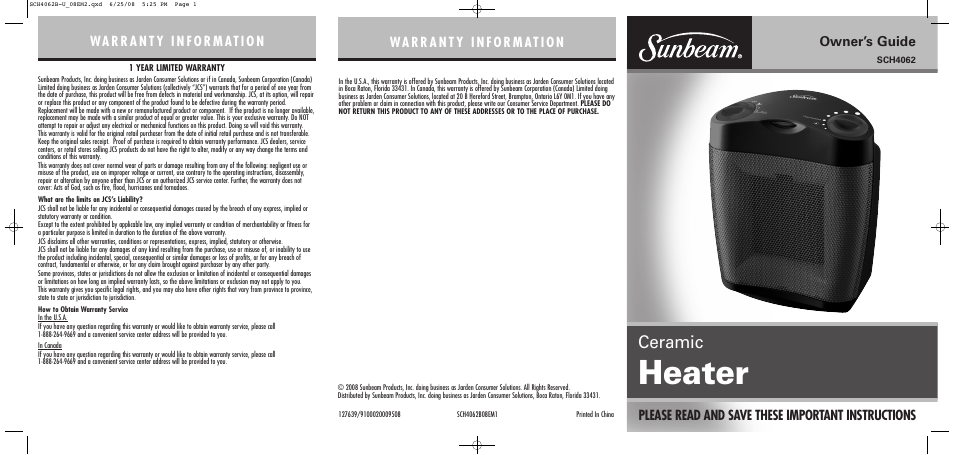 Sunbeam SCH4062 User Manual | 2 pages