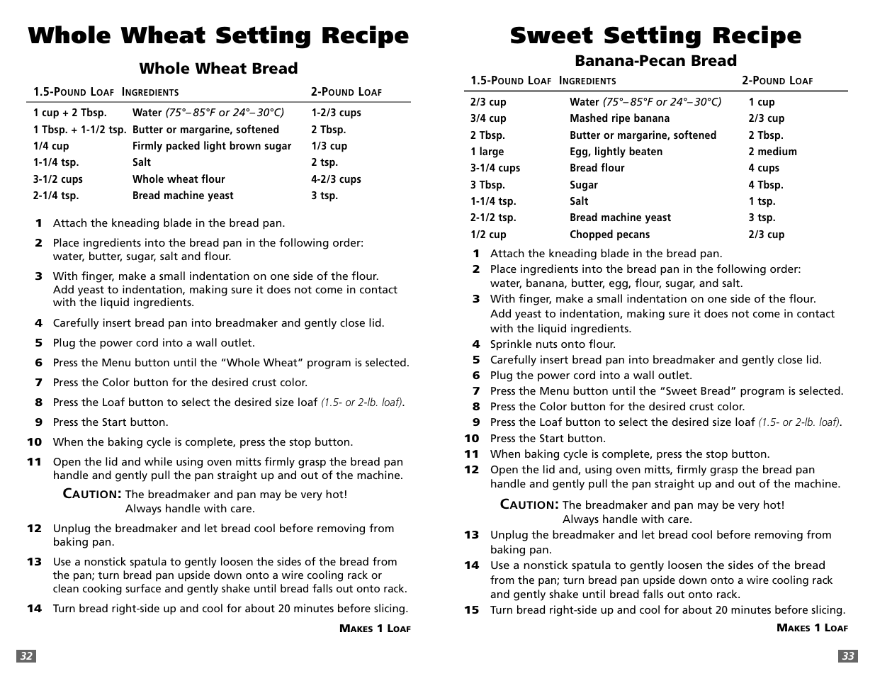Sweet setting recipe, Whole wheat setting recipe, Banana-pecan bread | Whole wheat bread | Sunbeam 5891 User Manual | Page 17 / 44